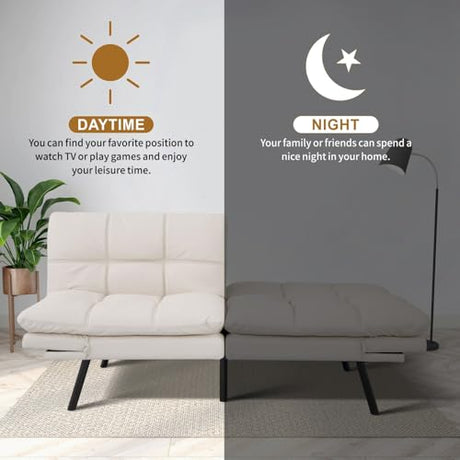 MUUEGM Convertible Memory Foam Sofa Bed with Adjustable Backrest & Armrest, Modern Futon Couch for Living Room, Office, Apartment, Space-Saving Design, Easy Assembly,White MUUEGM