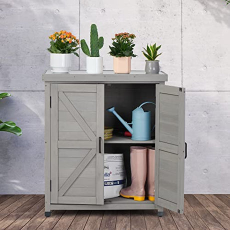 Outdoor Storage Cabinet & Potting Bench Table with Metal Top, Wooden Patio Furniture, Garden Workstation (Royal Brown, 36x31x17in) SoliWood