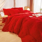 HAIHUA Plush Red Comforter Cover Queen Set, Soft Shaggy Faux Fur Red Bedding Queen Set 3 Pieces (1 Fluffy Duvet Cover + 2 Fuzzy Pillow Cases) Furry Bed Set, Zipper Closure HAIHUA