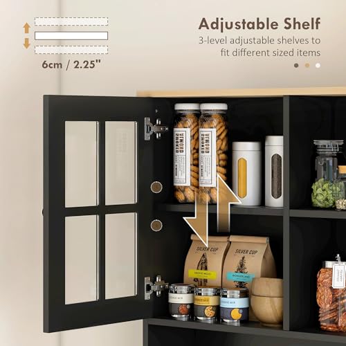HOMCOM Kitchen Pantry Storage Cabinet, 72" Freestanding Cabinet with Hutch, Large Countertop, Glass Doors and Adjustable Shelves for Dining Room, Black HOMCOM