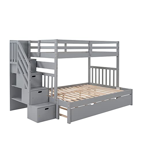 Twin over Full Bunk Bed with Trundle for 2 Kids, Wood Twin over Full Size Bunk Bed with Storage Cabinet and Drawers, Convertible Bunk Beds Split into 3 Beds for Teens, Adults, Noise-reduced, Gray Harper & Bright Designs