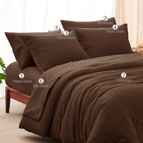 CozyLux Full Size Comforter Sets with Sheets 7 Pieces, Brown Seersucker Bed in a Bag Textured Luxury Soft Bedding Set with Down Alternative Comforter, Sheets, Pillowcases & Shams for All Seasons