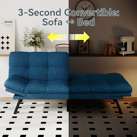 AMICLIBER Futon Sofa Bed Convertible Couch, Blue Linen Sofa Bed with Memory Foam, Adjustable Backrest & Armrests, Multifunctional Small Loveseat Sleeper Sofa for Living Room, Apartment, Office AMICLIBER