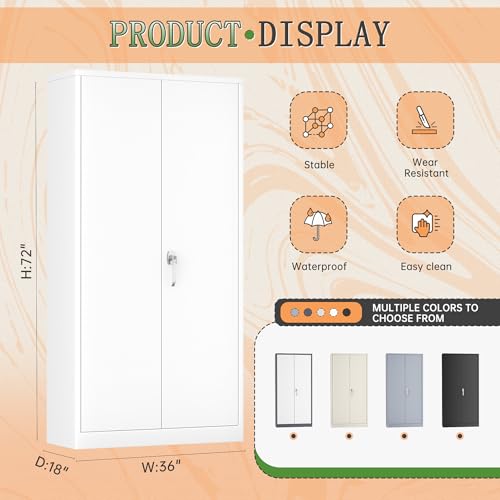 Greenvelly Metal Wardrobe Cabinet with Locking Doors, 72" H x 36" W White Metal Wardrobe Closet Cabinet with Hanging Rods and Adjustable Shelves, Steel Storage Closet for Home, Office, Employee, Gym Greenvelly