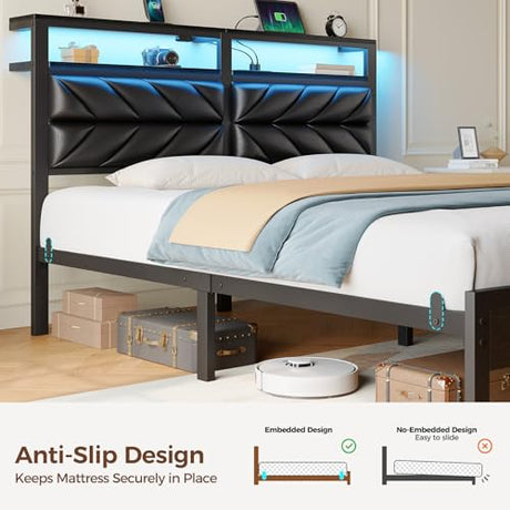 Seventable King Size Bed Frame with Charging Station & LED Lights, Upholstered Headboard with 2-Tier Storage Shelves, Metal Platform with Under Bed Storage, No Box Spring Needed, Easy Assembly, Black Seventable