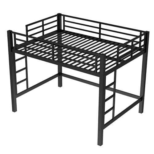 Full Size Metal Loft Bed with Safety Guardrails & Dual-Side Ladders for Kids Teens Adults,Heavy Duty Metal Loft Bed Frame with Sturdy Steel Slats & Large Under-Bed Space for Student Bedroom Dorm,Black FUvellamo