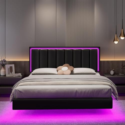 IMMERSTABLE Floating Bed Frame Queen, Queen Upholstered Bed Frame with Headboard, RGB LED Ligths, Solid Wood Slats Support, No Box Spring Needed, Noise-Free, Easy Assembly, Black IMMERSTABLE