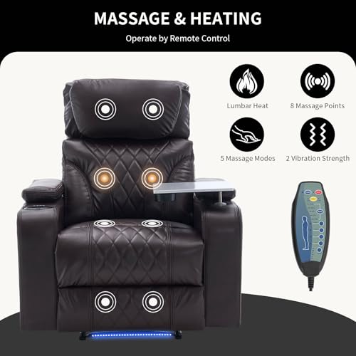 Zuacs Power Recliner Home Theater Seating with Cooling Cup Holder and Massage Heating, Blue Color Ambient Lighting Recliner Chair,Movie Sofa with Tray Table, USB Charging & Manual Headrest, Brown