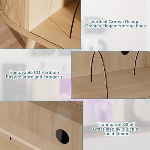 KSOBEBVT Record Player Stand with Vinyl Storage - Turntable Stand with Record Storage, Vinyl Record Stand Table, Media Cabinet w/Charging Station, LED Lights & Sliding Door (Natural, 39") KSOBEBVT