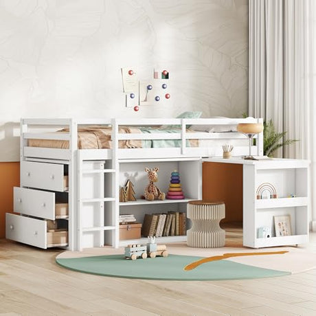 KEIKI Twin Loft Bed with Pull-Out Desk, Drawers & Open Shelves, Wooden Bed Frame with Guardrail, Low Design for Kids, White KEIKI