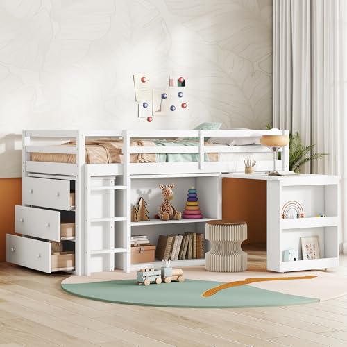 Low Loft Bed with Storage & Rolling Out Desk, Kids Twin Size Loft Beds with Bookcase & Drawers, Rubber Wood Junior Lofts Bed with Dresser/Shelves/Ladder/Guardrails for Boys Girls Teens, White Duxelifin