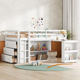 Low Loft Bed with Storage & Rolling Out Desk, Kids Twin Size Loft Beds with Bookcase & Drawers, Rubber Wood Junior Lofts Bed with Dresser/Shelves/Ladder/Guardrails for Boys Girls Teens, White Duxelifin