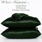 NSGZ 3 Pcs Satin Fitted Sheet and Pillowcase Set, Full Silky Bottom Bedsheet Fit up to 15 Inch Deep Pocket Mattress, Dark Green Soft Satin Bedding Includes 1 Fitted Sheet and 2 Pillowcases NSGZ
