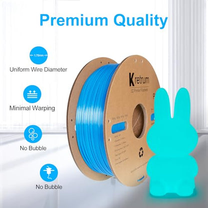 Kretrum 3D Printer Filament Glow in Dark PLA 1.75 mm Dimensional Accuracy +/- 0.02 mm 1 KG 2.2 lbs Neatly Shiny Spool Widely Suitable for Most FDM 3D Printer Glow in The Dark Blue - WoodArtSupply