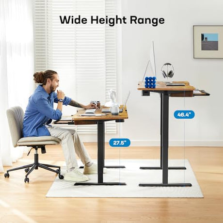HUANUO 55" x 24" Electric Standing Desk with Large Keyboard Tray(26.7"), Adjustable Height Stand Up Desk for Home Office, 4 Memory Height Settings, 2 Headphone Hooks, Computer Workstation, Vintage HUANUO