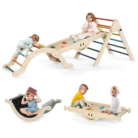 BIERUM 8 in 1 Montessori Pikler Triangle Set with Soft Cushion, Foldable Toddler Climbing Toys with Ramp for Sliding or Climbing, Wooden Jungle Gym, Indoor Playground for Toddlers and Kids, Rainbow BIERUM