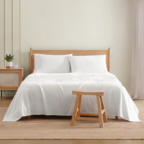 UGG Hedi Queen Sheet Set 4-Piece Luxury Cooling Sheets Deep Pockets Premium Bedding with 2 Pillow Shams Hypoallergenic Machine Washable Soft Lightweight Bed Set for Bedroom, Queen, White