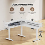 Flycity Electric L Shaped Standing Desk with Drawers, 63" x 55" Corner Standing Desk Adjustable Height, Stand Up Home Office Desk, Dual Motor Sit Stand Desk with 3 Memory Preset & Lock, White Flycity