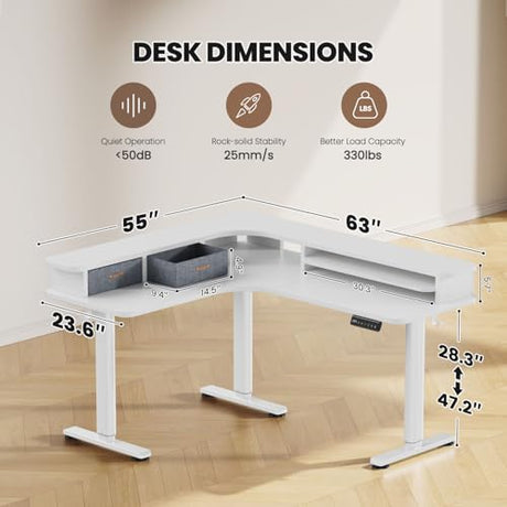 Flycity Electric L Shaped Standing Desk with Drawers, 63" x 55" Corner Standing Desk Adjustable Height, Stand Up Home Office Desk, Dual Motor Sit Stand Desk with 3 Memory Preset & Lock, White Flycity