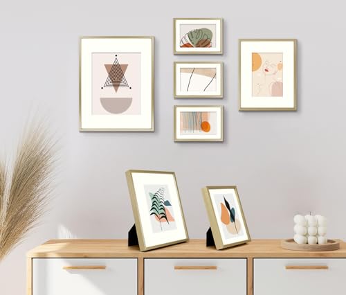 Frametory, Aluminum Picture Frames Set of 7 - Gold Gallery Wall Kit - Displays One 11x14, Two 8x10, and Four 5x7 inch Photos for Home Decoration Frametory