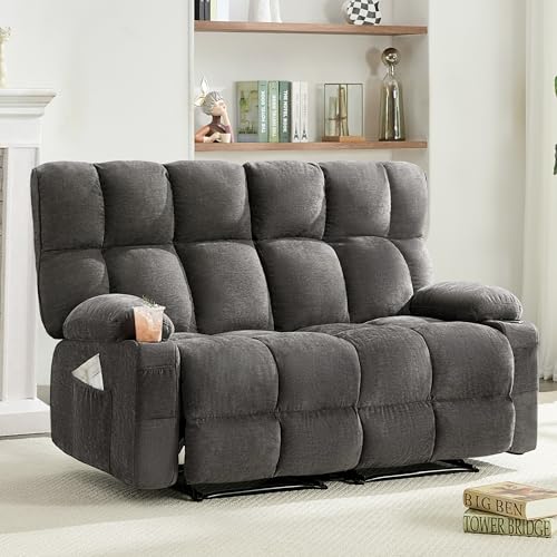 Oversized Loveseat Recliner Sofa, Big Large Reclining Sofa with Cup Holders & Side Pockets, Double Recliner, Traditional 2-Seater Manual Recliner Couch for Living Room, RV, Home Theater (Fabric,Grey)