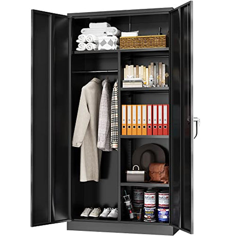 Greenvelly Metal Storage Cabinet with 2 Doors, Black 72” Steel Storage Wardrobe Cabinet, Employees Locker Closet Clothing Coat Steel Wardrobe Cabinet with Hanging Rod for Garage, Gym, Home Office Greenvelly