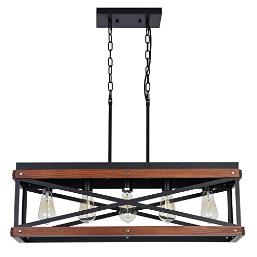 Rustic Farmhouse Kitchen Island Lighting, Wood and Metal Linear Chandelier, 5 Lights Industrial Pendant Light Fixture for Kitchen Island Dining Room Living Room Table, Black Fivess Lighting