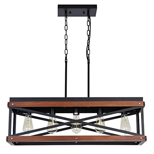 Rustic Farmhouse Kitchen Island Lighting, Wood and Metal Linear Chandelier, 5 Lights Industrial Pendant Light Fixture for Kitchen Island Dining Room Living Room Table, Black - WoodArtSupply