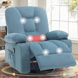 REFICCER Rocker Recliner Chair with Massage and Heat, Fabric Overstuffed Swivel Recliners Glider with Cup Holder Side Pocket, Rocking Reclining Sofa Chair for Adults Living Room, Blue