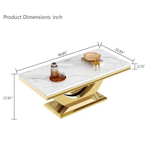 Henf 47" Marble Coffee Table Modern White Faux Marble Center Table with U-Shape Gold Mirrored Base Luxury Rectangular Accent Sofa Table Cocktail Table for Living Room Apartment Henf
