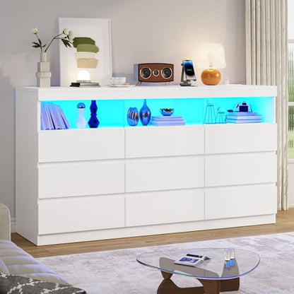 HAUOMS 9 Drawer Dresser for Bedroom with LED Lights, Large Chest of Drawers Handle Free, Modern White Long Dressers with Charging Station,for Living Room,Cloakroom,Entryway - WoodArtSupply