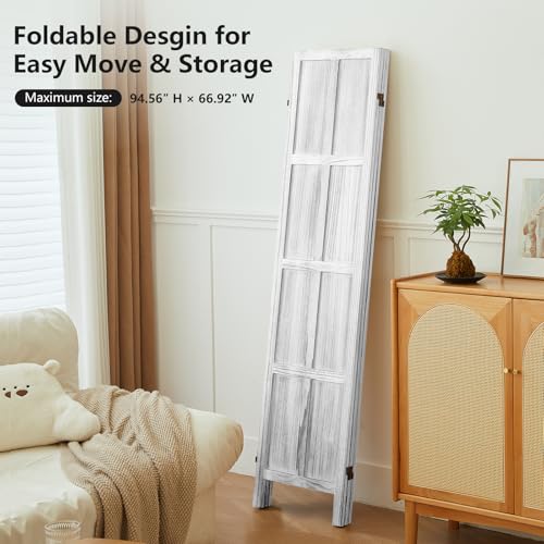 Asnefeli Wood Room Divider 4 Panel, 5.6 FT Tall Room Divider and Folding Privacy Screen, Partition Divider for Room Separation, Wooden Wall Divider Screen for Home Office Bedroom (Retro White) Asnefeli