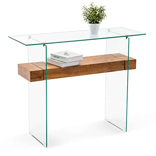 ivinta Glass Console Table with Storage, 39.4" Modern Narrow Entryway Table for Living Room, Entrance, Hallway or Bedroom 5101 (Natural Wood) ivinta