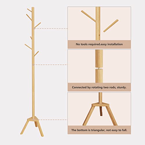 Sywhitta Coat Rack Stand, Premium Bamboo Free Standing Coat Rack with 6 Hooks, Easy Installation Clothes Hanger Stand, Burlywood