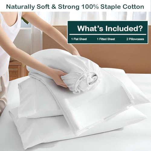 4 Piece Premium Sheet Set Cotton Full, 100% Egyptian Cotton, 12 Inch Deep Pocket of Cotton Sheets, White Solid NON Sticky cotton
