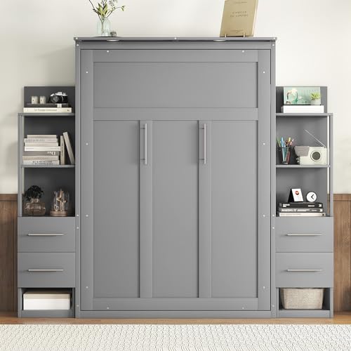 Harper & Bright Designs Full Murphy Bed with Storage Shelves, Drawers and LED Light, Cabinet Full Bed with Flexible Slats Support, Wood Foldable Wall Bed Frame for Home Office Studio, Gray Harper & Bright Designs
