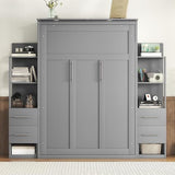 Harper & Bright Designs Full Murphy Bed with Storage Shelves, Drawers and LED Light, Cabinet Full Bed with Flexible Slats Support, Wood Foldable Wall Bed Frame for Home Office Studio, Gray Harper & Bright Designs