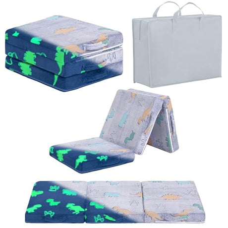 Givjoy Foldable Floor Mattress for Kids, Glow in The Dark Dinosaur Toddler Washable Folding Floor Mat for Nap Daycare, Child Trifold Futon Sofa Bed with Storage Bag for Playroom Girls and Boys Blue Givjoy