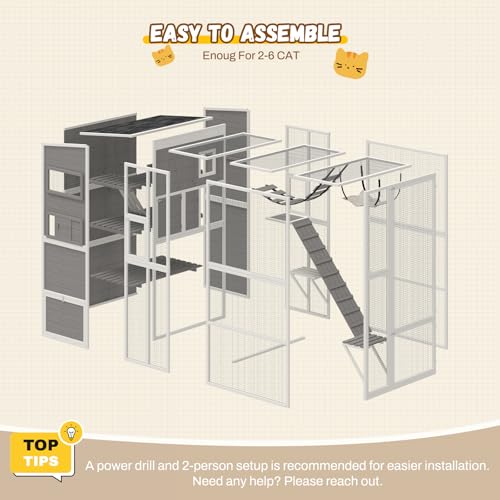 Large 4-Tier Outdoor Cat Enclosure Walk-in Catio with Weatherproof Solid Wood House, Connect to Window, 4 Platforms, 4 Private Resting Rooms & Bridge, for Multiple Cats (Grey) GZPATICY