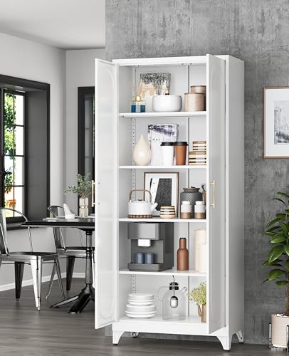 75" Tall Metal Storage Cabinet with 2 Doors and 4 Adjustable Shelves, Heavy Duty Steel Pantry Cabinet for Home Office, Kitchen, Garage and Laundry Room, White METALOONG
