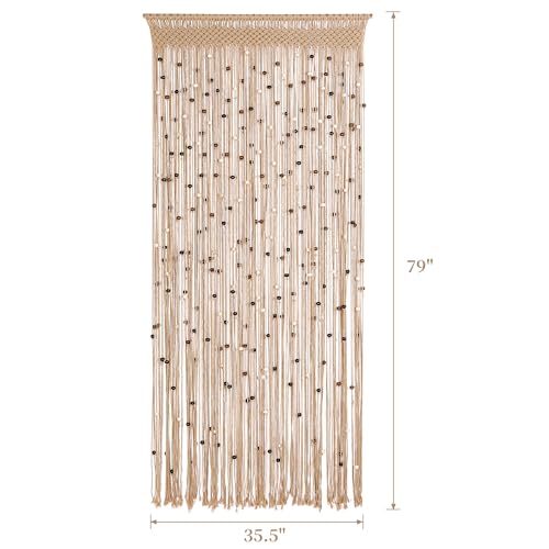 BECHAEO Macrame Beaded Curtain Boho Handmade Cotton Door String Curtain for Doorway Window Wooden Beads Hanging Hippie Room Divider Closet Bedroom Privacy Decor, 2 Panels 79" x 35" BECHAEO