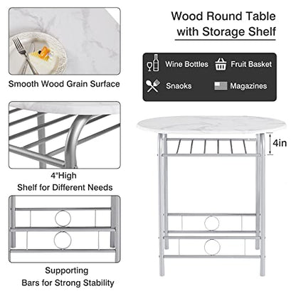 VECELO 3-Piece White & Silver Dining Table Set with Built-in Wine Rack for Small Spaces - WoodArtSupply