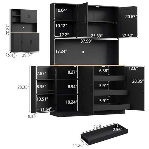 71" Tall kitchen Pantry Storage Cabinet, Modern Kitchen Hutch with 3 Pull-out Drawers, Kitchen Pantries with Microwave Stand & Door Shelf, Food Pantry with Adjustable Shelves for Dining Room (Black) Gyfimoie