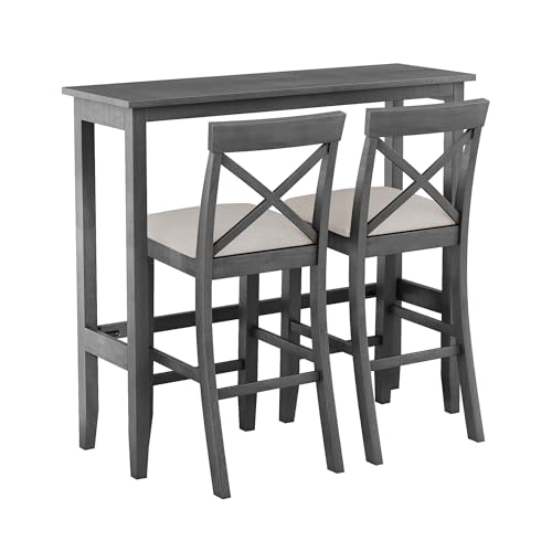 LUMISOL 3 Piece Pub Table and Chair Set, Small Wood Counter Height Table Set, 3 Piece High Top Dining Table Set for Breakfast Nook, Gray LUMISOL