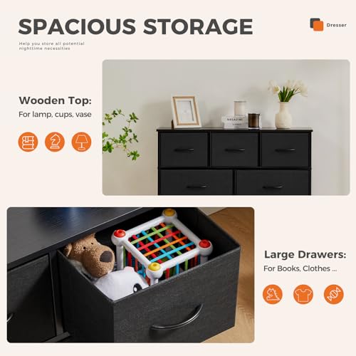 Sweetcrispy Dresser for Bedroom with 9 Storage Drawers, Tall Large Fabric Storage Tower Organizer, Chest of Drawers with Metal Frame Wooden Top for Nursery, Closet, Living Room, Entryway, Black Sweetcrispy