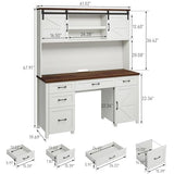 Farmhouse 67" H Executive Desk with Hutch,Office Desk with 5 Drawers, Computer Desks with Storage Cabinet & File Drawers and Charging Station, Workstation for Home Office and Study.(Unique White). Vabches