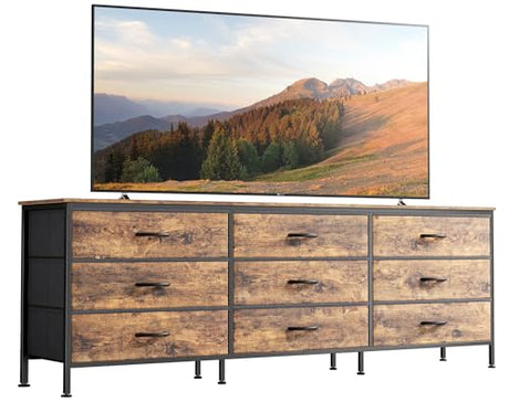 Huuger 9 Drawer Dresser, 63 Inch Dresser TV Stand for 55, 65, 70 Inch TV, Entertainment Center with Drawers, Large Long Fabric Dresser for Bedroom, Closet, Rustic Brown Huuger