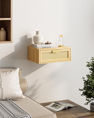 Aienvey Floating Nightstand, Floating Shelf with Drawer, Wall Mounted Nightstand, Floating Bedside Table (Oak Rattan) Aienvey