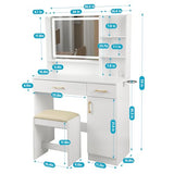 QUALIKRAFT Widescreen Vanity Set with LED Mirror & Stool, Makeup Desk with Built-in Power Outlet, 2 Drawers & 6 Shelves, Wide Lighted Dressing Table QUALIKRAFT