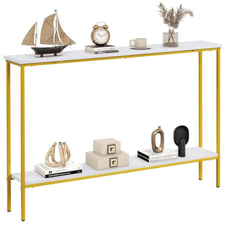 Giantex 44" Gold Console Table with Shelf, Narrow Long Entryway Table with Dual Anti-Tipping Kits & Metal Frame, 2-Tier Sofa Table Behind Couch, Hallway Table for Living Room, Entrance, Foyer Giantex